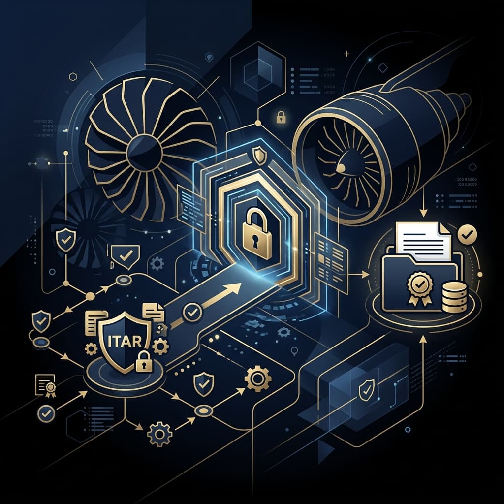 Premium dark mode theme showing aerospace silhouettes, data access gates, and compliance nodes