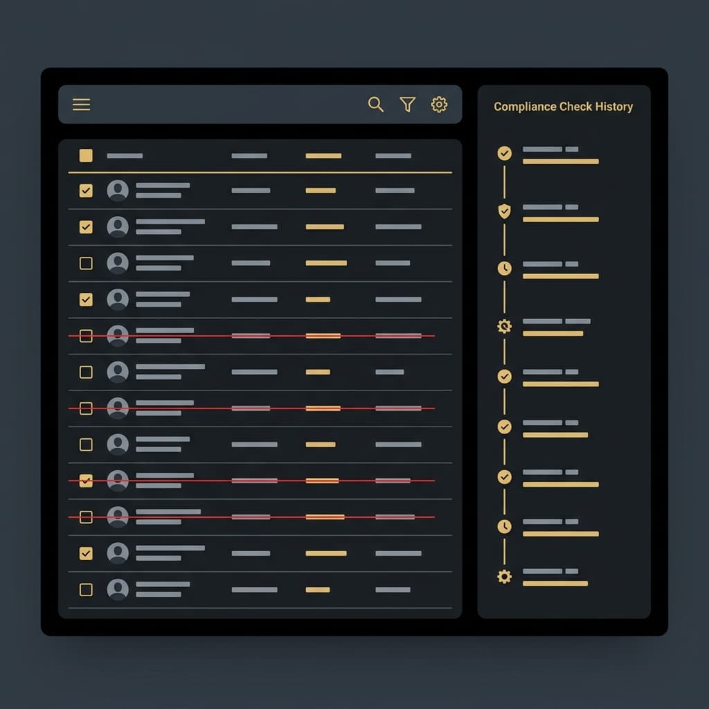 Abstract minimalist digital sanctions list showing fading records, checkmarks, and secure compliance dashboard elements