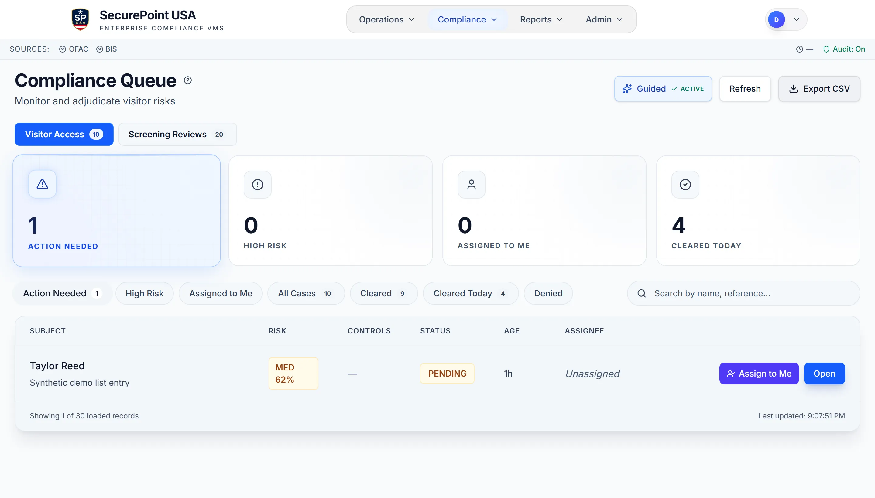 Compliance Queue showing one demo visitor pending review with a medium risk score and Assign to Me and Open actions