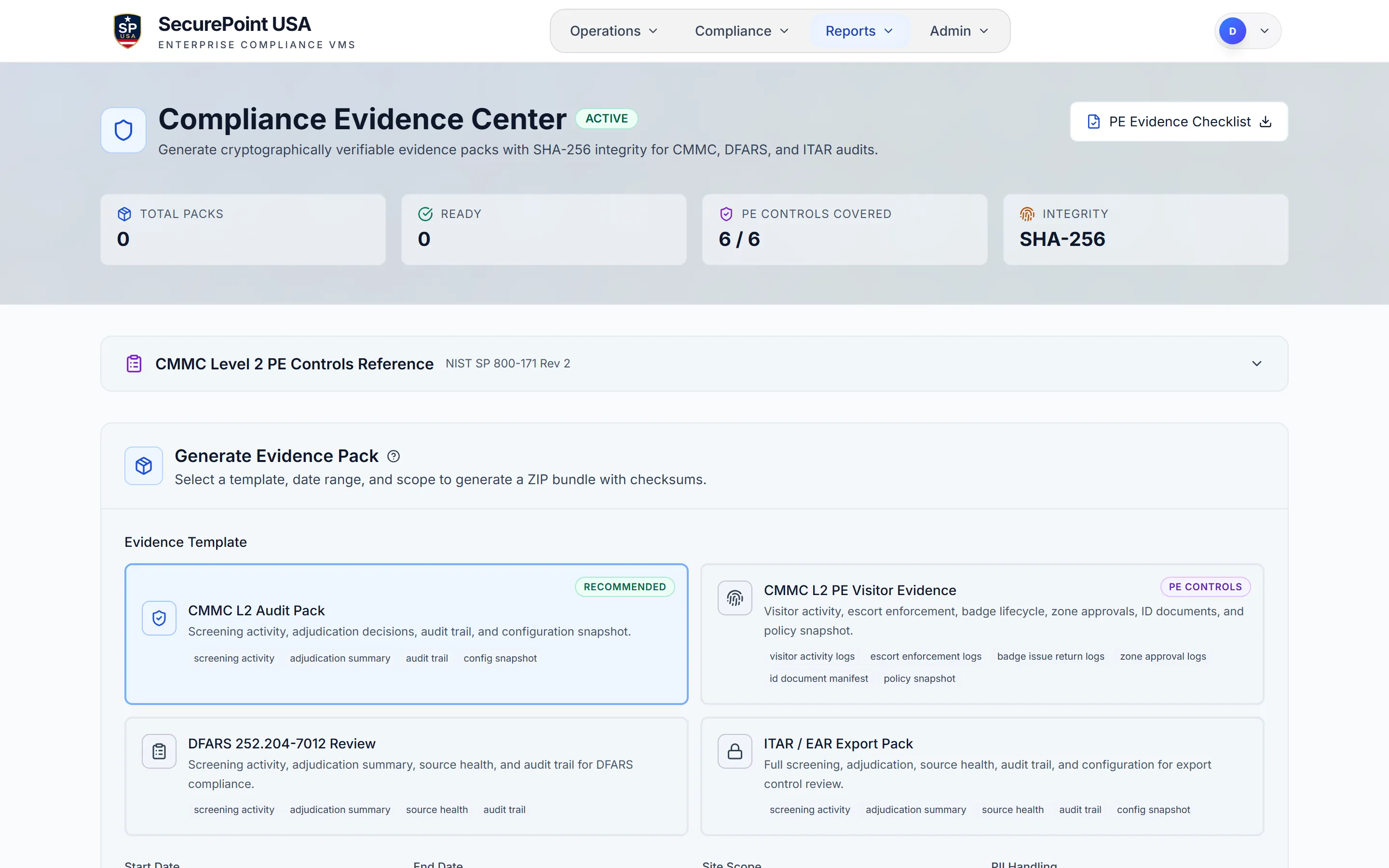 Compliance Evidence Center showing PE controls covered, SHA-256 integrity, and evidence pack templates
