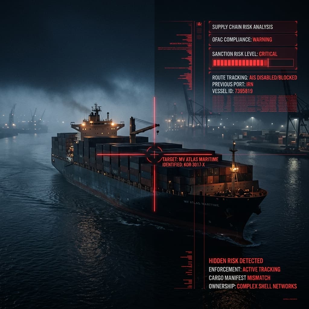 Cinematic high-tension cargo ship with red compliance crosshairs