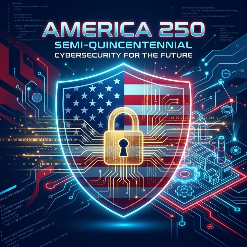 Patriotic U.S. flag integrated with binary code streams, digital shields, lock icons, and physical facility security nodes in gold, red, and deep navy-blue accents