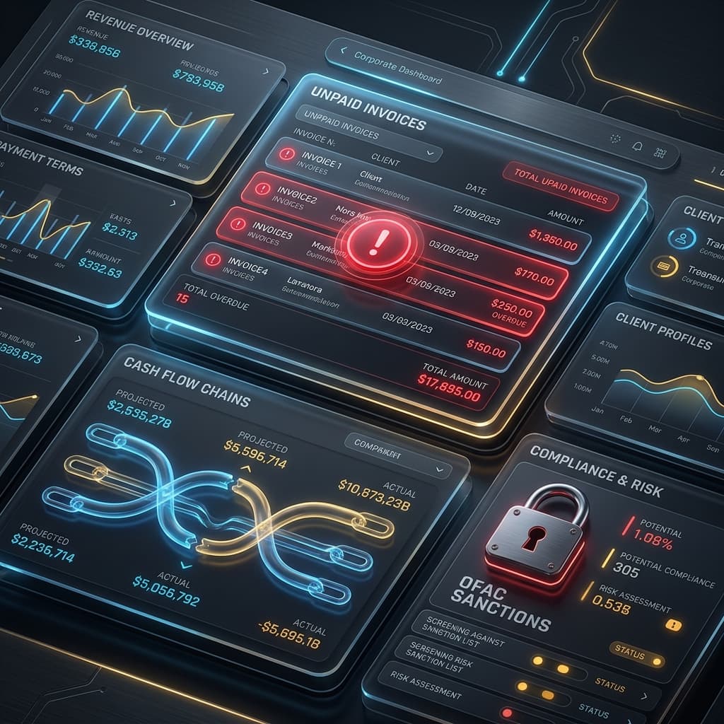 Futuristic digital dashboard with unpaid invoices, red alert indicators, and gold cash flow links representing credit risk