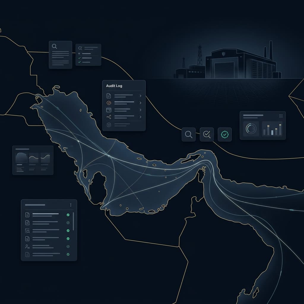 Premium dark abstract view of the Persian Gulf, Strait of Hormuz, and compliance metrics