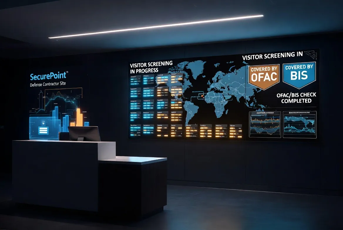 SecurePoint lobby dashboard with real-time screening status and OFAC/BIS coverage badges