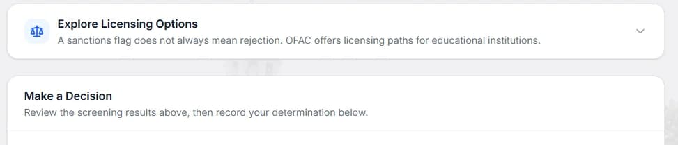 The Education case screen: an Explore Licensing Options row, then Make a Decision.