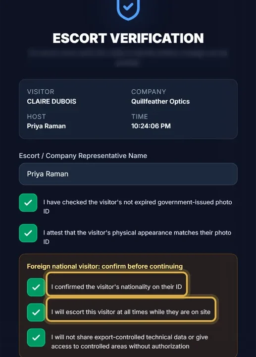 The SecurePoint lobby kiosk asking the host to verify a foreign national visitor: confirm nationality on the ID, escort the visitor at all times, and not share export-controlled technical data.