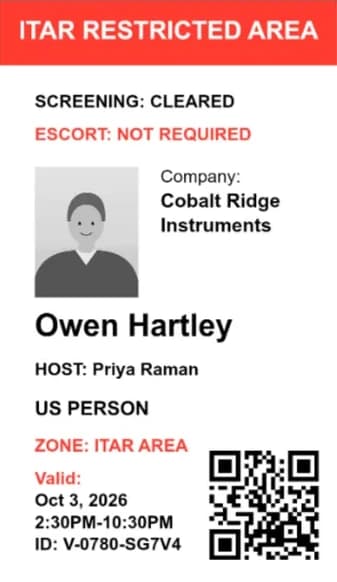 A SecurePoint ITAR badge preview: ITAR restricted area, screening result, escort requirement, U.S. person status, zone line, host, and validity window.