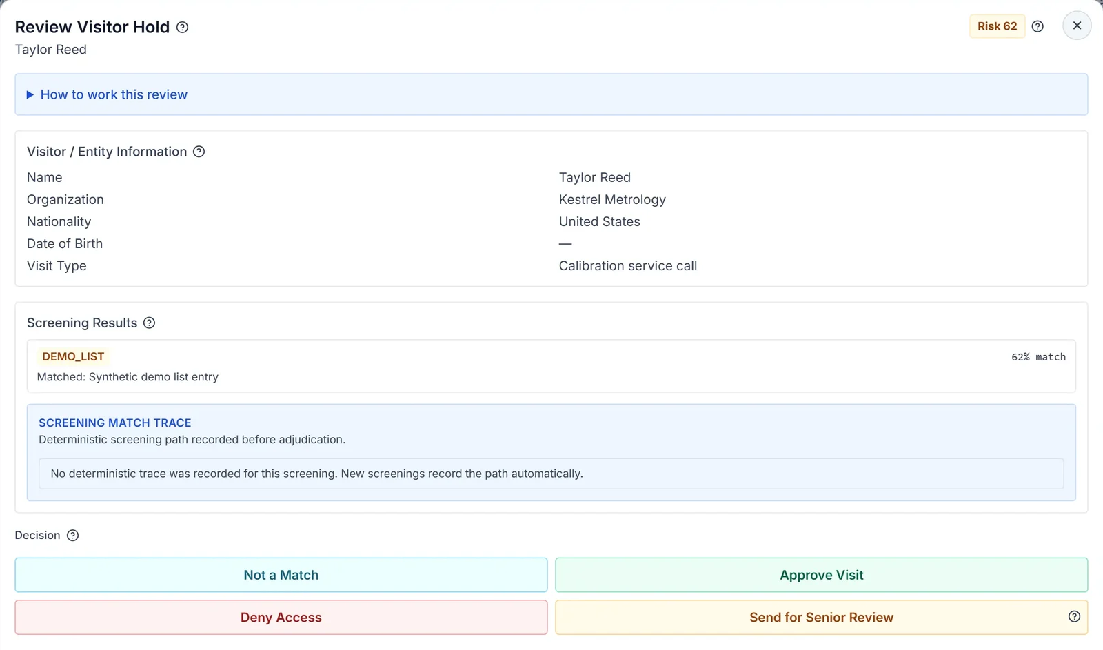 A reviewer's Review Visitor Hold screen for a demo visitor: the screening result, a possible match, and the decision buttons Not a Match, Approve Visit, Deny Access, and Send for Senior Review.
