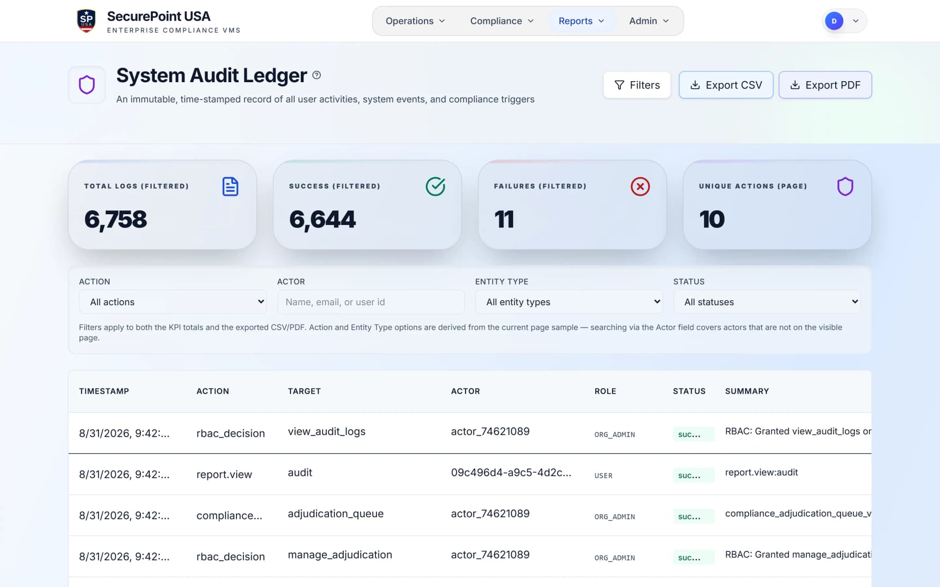 SecurePoint System Audit Ledger showing time-stamped, append-only activity records with CSV and PDF export