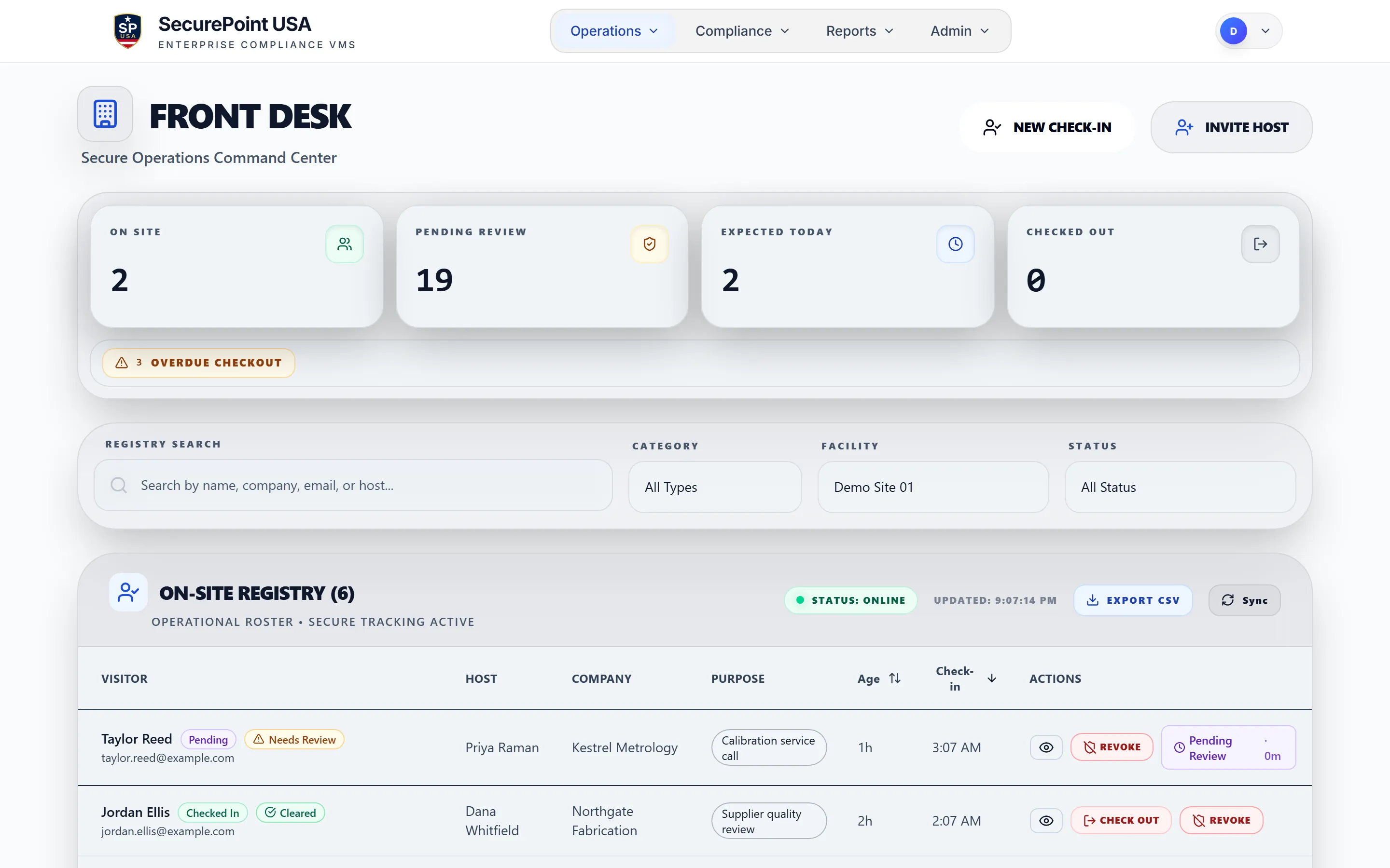 SecurePoint Visitor Front Desk Dashboard showing on-site visitors, expected arrivals, and a visitor held for review