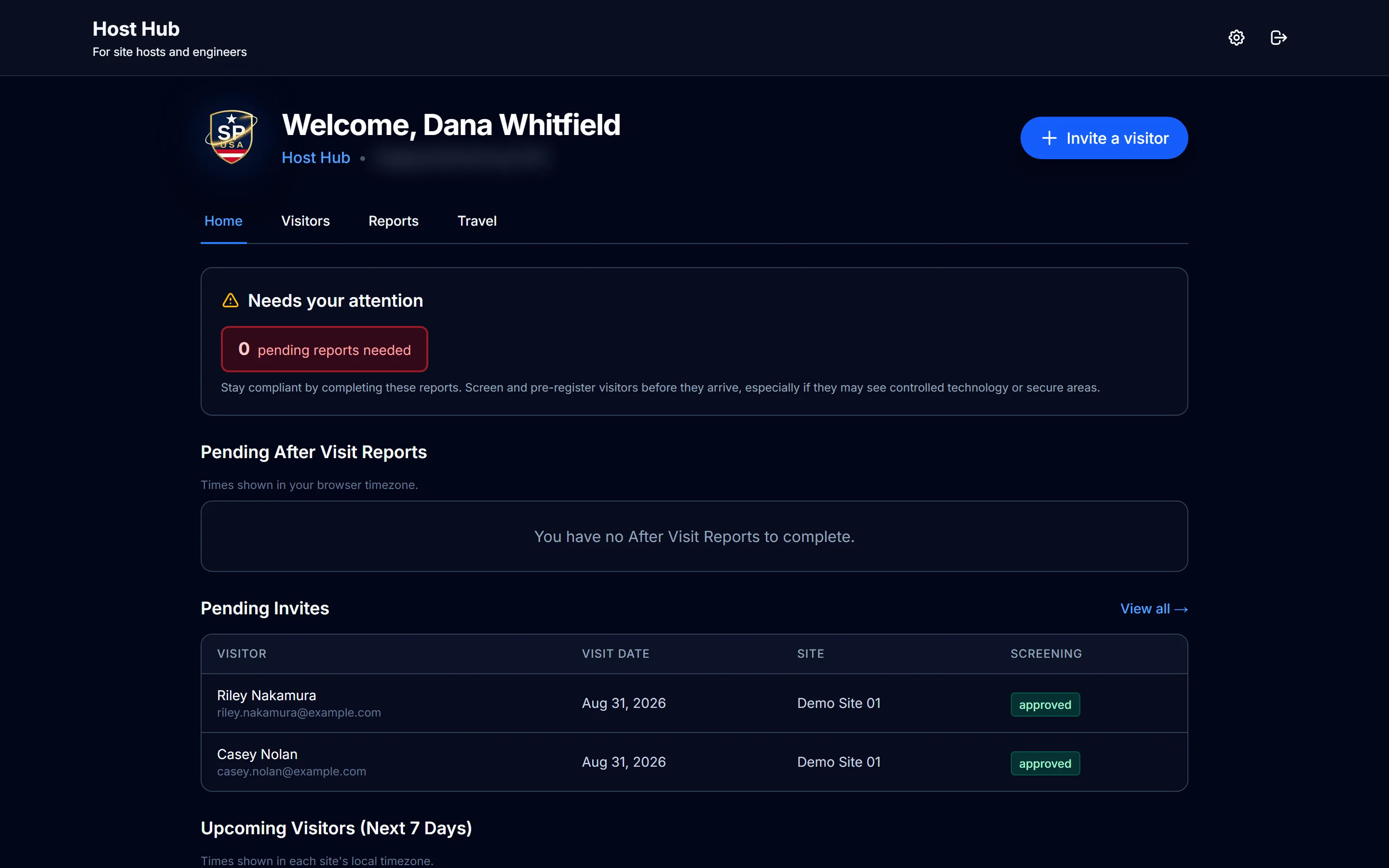 SecurePoint Host Hub showing a host's pending after-visit reports and pending visitor invites with screening status